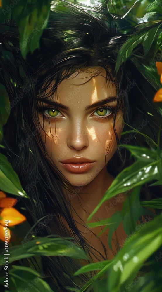 A portrait of a woman with striking green eyes framed by lush foliage and vibrant flowers. A portrait of a woman with striking green eyes framed by lush foliage and vibrant flowers.