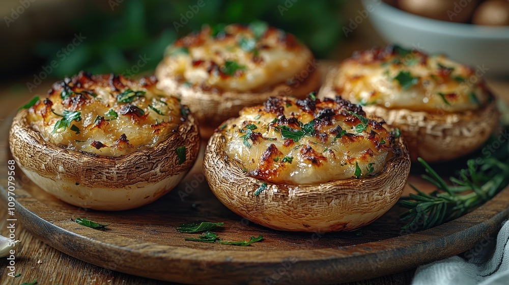 Delicious baked stuffed mushrooms with cheese and herbs on wooden platter Delicious baked stuffed mushrooms with cheese and herbs on wooden platter