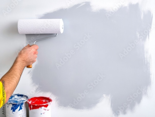 Professional painter in protective gear applying paint with rollers on walls, ensuring safety and precision. photo