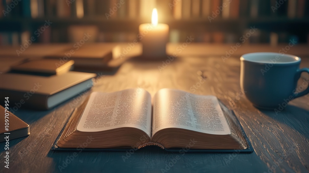Open book on wooden table with candlelight Open book on wooden table with candlelight