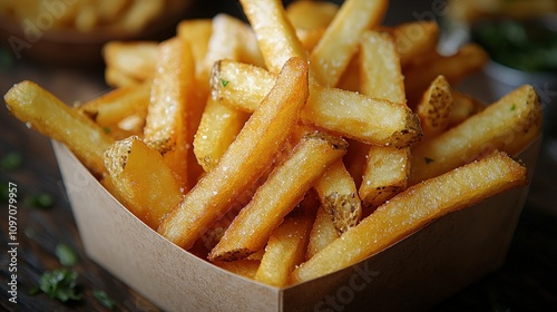 Golden crispy french fries in a rustic box with fresh herbs photo