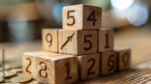 Illustration of Economic Growth with Numbered Wooden Blocks and an Upward Red Arrow