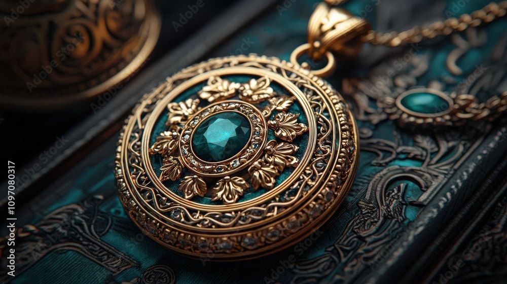 Ornate gold pendant with emerald gemstone Ornate gold pendant with emerald gemstone