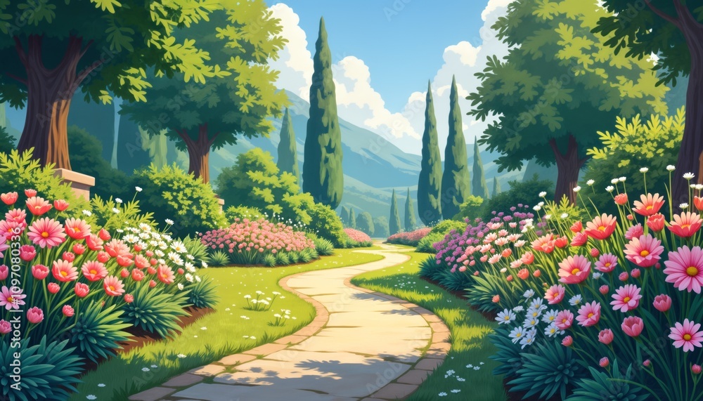 Obraz premium Stone path winds through rich garden. Blooming flowers line walkway. Trees frame scenic landscape. Summer day in idyllic rural setting. Perfect background nature scene for travel brochure website
