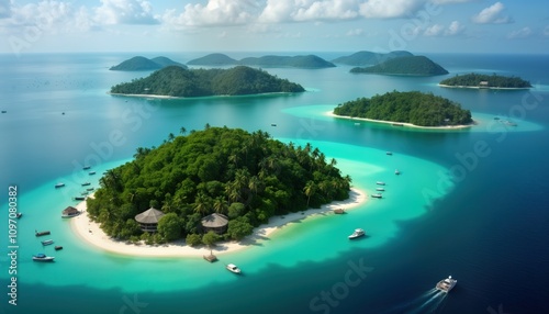 Aerial tropical island view. Turquoise ocean surrounds sandy beach. Boats near rich green island. Palm trees, bungalows. Summer vacation paradise. Climate change impact. Eco tourism. Ocean