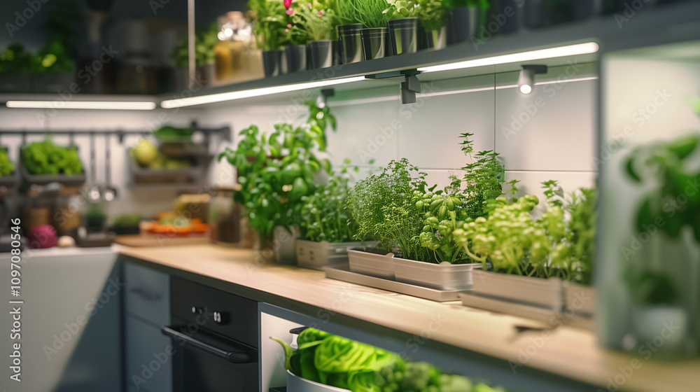 Modern Green Kitchen Design with Indoor Plants and Vertical Gardens