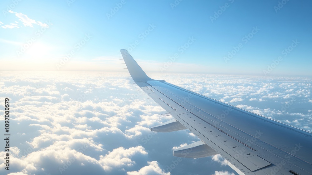 Aerial view from an airplane wing above fluffy clouds with a bright sky in the background. Aerial view from an airplane wing above fluffy clouds with a bright sky in the background.