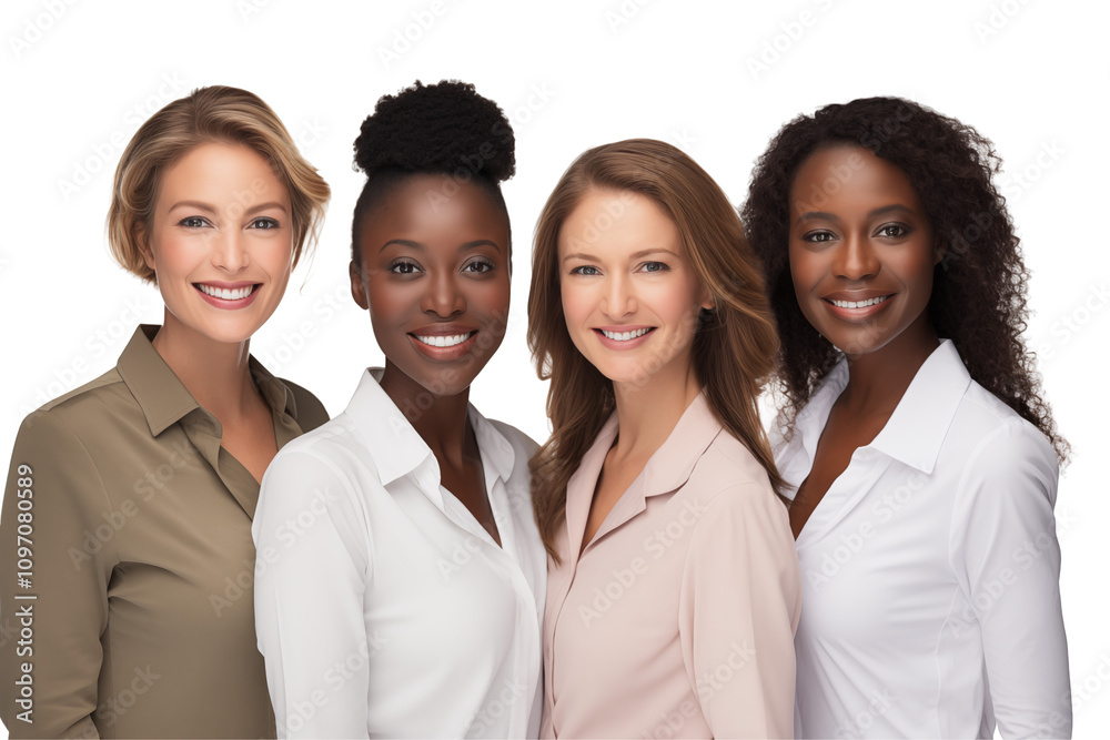 Group of smiling interracial businesswomen in suits on transparent background. Group of businesswomen attract each other. Rich women. Business leader. Startup boss. Isolated image. PNG cutout. Group of smiling interracial businesswomen in suits on transparent background. Group of businesswomen attract each other. Rich women. Business leader. Startup boss. Isolated image. PNG cutout.