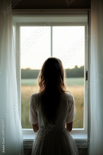 Rear view of a teenage girl looking at a landscape through a window. Concept of loneliness and depression.