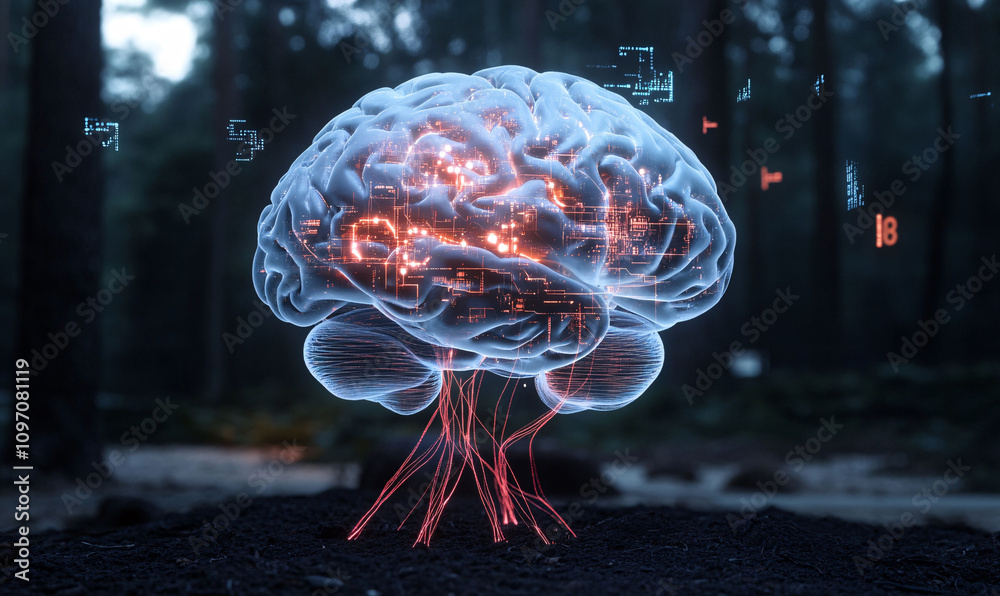 Fototapeta premium AGI Brain embedded in a forest with glowing elements