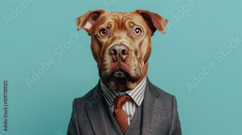 Front View of Race Mastiff Dog in Business Suit Looking at Camera on Blue Background