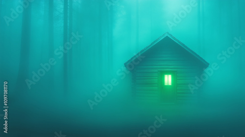 Mysterious cabin glowing in foggy forest during twilight hours