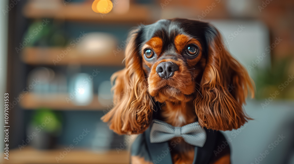 Dog in Stylish Business Attire on Interior Background Dog in Stylish Business Attire on Interior Background