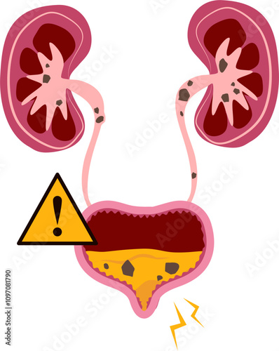 Bladder disease illustration. Urinary tract infection. Bladder cancer. Bladder stones. Bladder inconvenience.