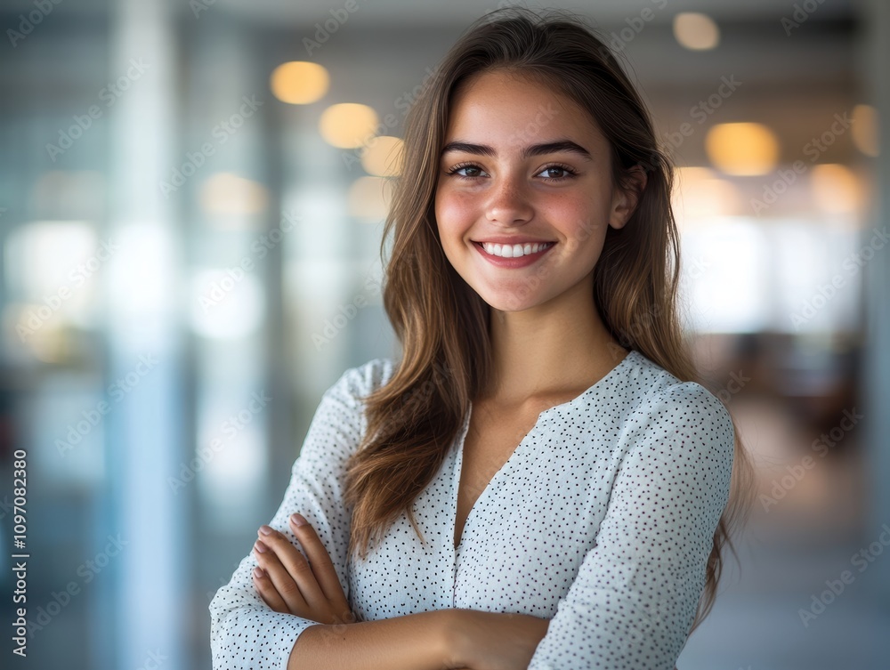 A young woman smiles confidently with arms crossed in a modern office setting. A young woman smiles confidently with arms crossed in a modern office setting.