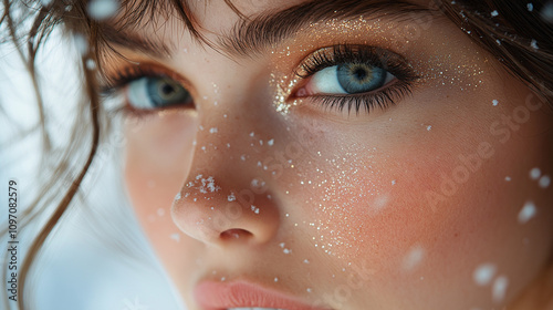 Close-Up of Glittering Snowflakes on Woman’s Face with Sparkling Blue Eyes