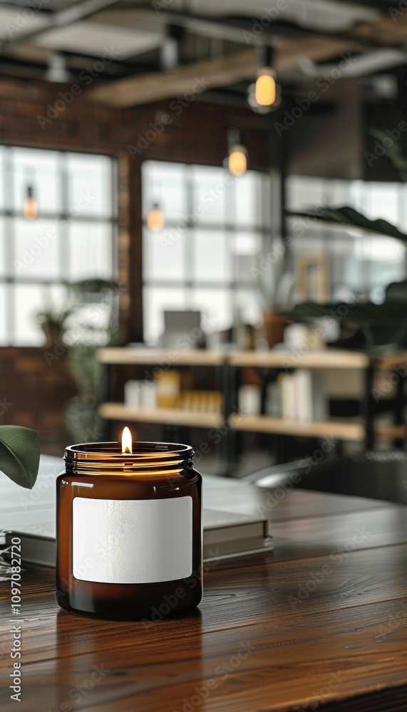 Elegant 11oz amber candle mock up with white label featured in a sophisticated office setting Elegant 11oz amber candle mock up with white label featured in a sophisticated office setting
