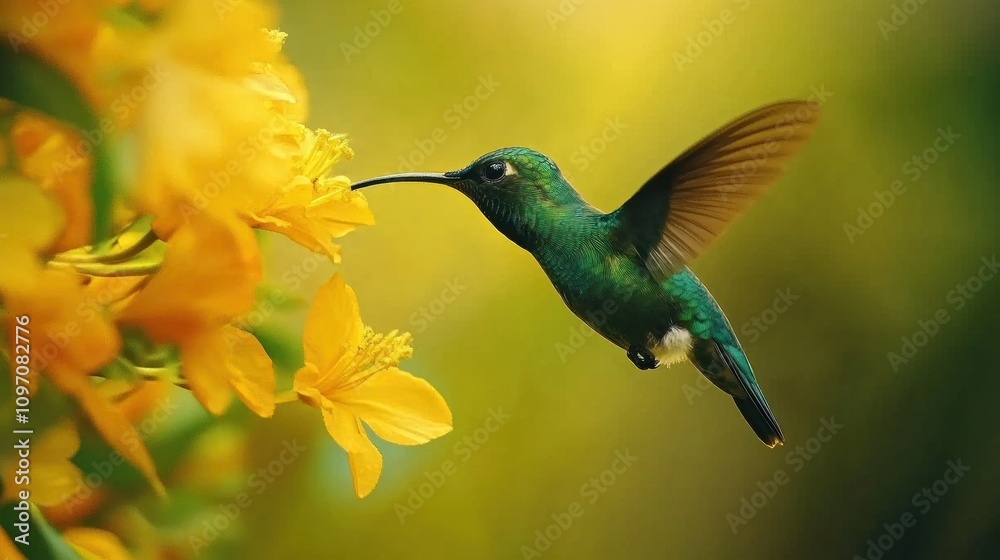 Fototapeta premium Emerald Hummingbird Feeding on Yellow Flowers