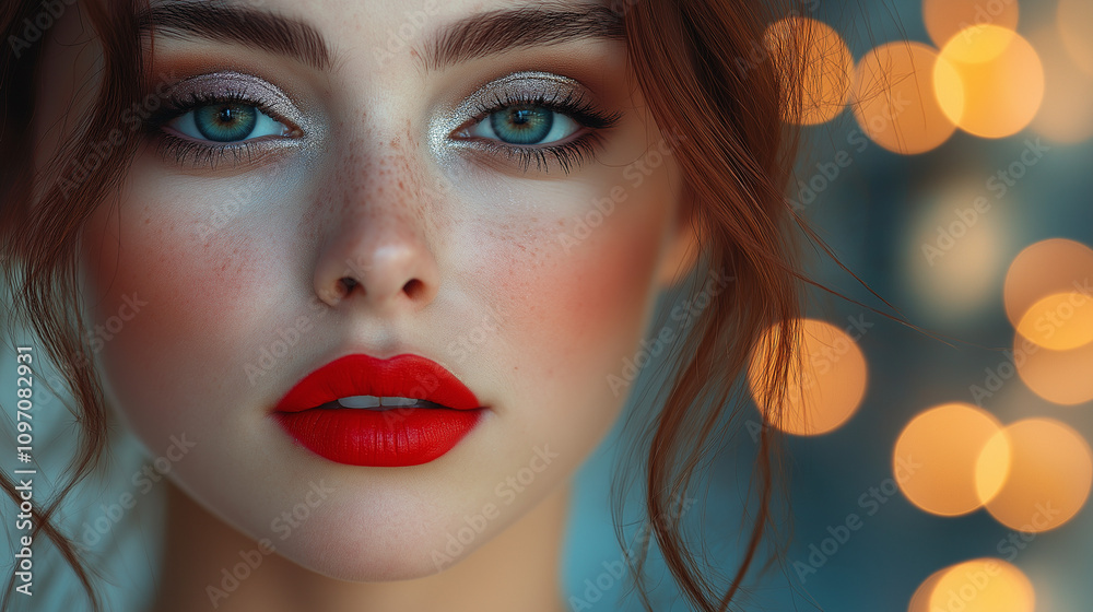 Elegant Close-Up Portrait with Bold Red Lips and Golden Bokeh Lights Elegant Close-Up Portrait with Bold Red Lips and Golden Bokeh Lights