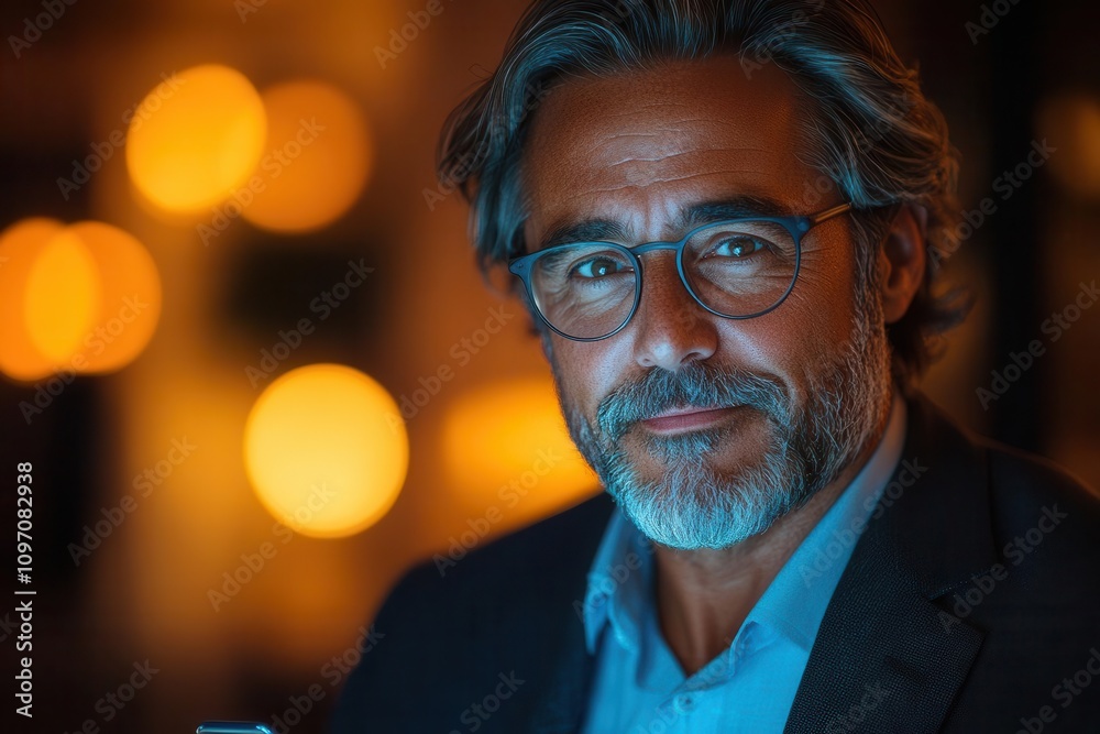 middle-aged latin businessman engaging with a smartphone, illuminated by soft office lighting, exuding warmth and approachability, embodying modern communication and professionalism middle-aged latin businessman engaging with a smartphone, illuminated by soft office lighting, exuding warmth and approachability, embodying modern communication and professionalism