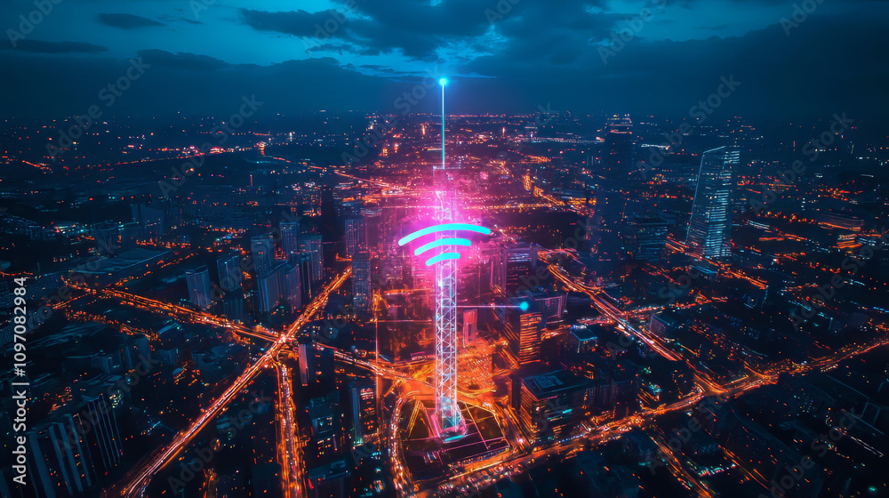 Obraz premium A city's 5G tower provides fast wireless internet. It uses mobile network technology and connects to satellites for a strong signal.