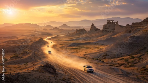 Adventure on the silk road  4x4 vehicles kick up dust beneath a golden sunset in uzbekistan photo