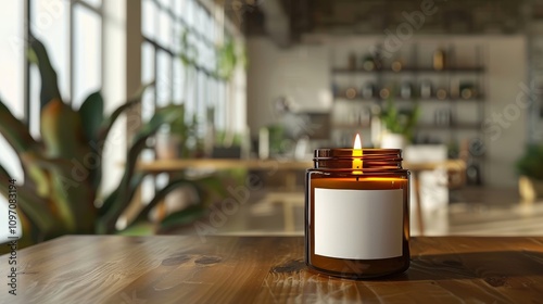 Elegant photo realistic amber candle with white label in a modern office setting