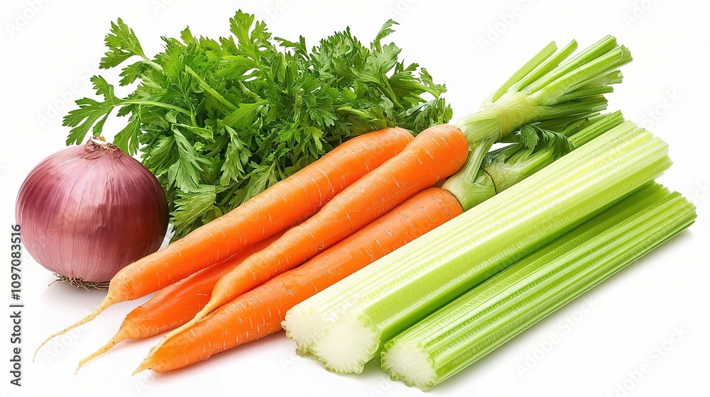 Freshly Chopped Carrots, Onions, Celery, and Herbs on White Background Freshly Chopped Carrots, Onions, Celery, and Herbs on White Background
