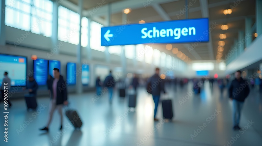 Schengen sign in an airport terminal with passengers in motion in the background. Schengen sign in an airport terminal with passengers in motion in the background.