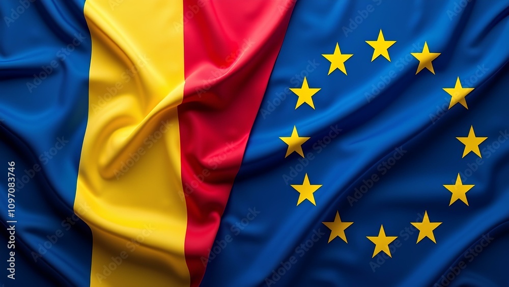 The national flag of Romania and the flag of the European Union in a single image, symbolizing european integration