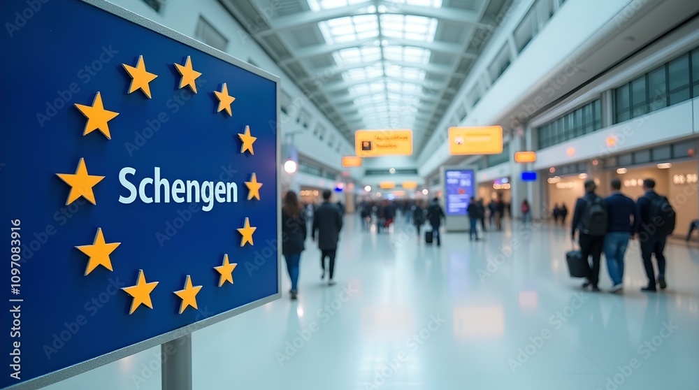 Schengen zone sign with text “Schengen” with European Union emblem in airport terminal, with blurred figures of travelers in the background. Schengen zone sign with text “Schengen” with European Union emblem in airport terminal, with blurred figures of travelers in the background.