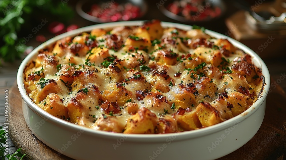 Cheesy baked potato casserole with herbs in a white dish Cheesy baked potato casserole with herbs in a white dish
