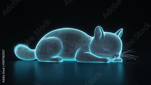 A glowing, holographic representation of a sleeping cat.