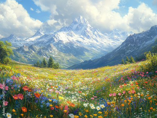 Alpine Meadow with Majestic Mountain Peaks