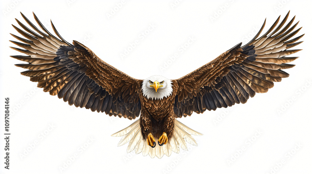 Fototapeta premium Majestic bald eagle in flight, symbolizing power and liberty against a white backdrop. Its impressive beak, talons, and detailed feathers illustrate the strength of wildlife in the air