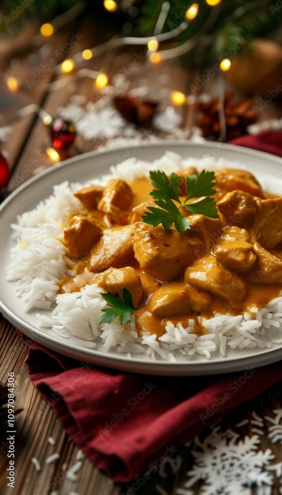 A cozy plate of creamy coconut chicken and rice, enhanced by holiday cheer and soft lighting A cozy plate of creamy coconut chicken and rice, enhanced by holiday cheer and soft lighting