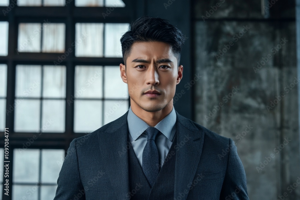 A muscular Asian man in a tailored suit, standing in a modern industrial loft with floor-to-ceiling windows. His expression is serious yet stylish. A muscular Asian man in a tailored suit, standing in a modern industrial loft with floor-to-ceiling windows. His expression is serious yet stylish.