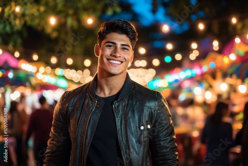 A young Latino man wearing a leather jacket and dark jeans, walking through a lively outdoor market at night. String lights hang overhead, and the warm glow from food stalls lights up his smiling face photo