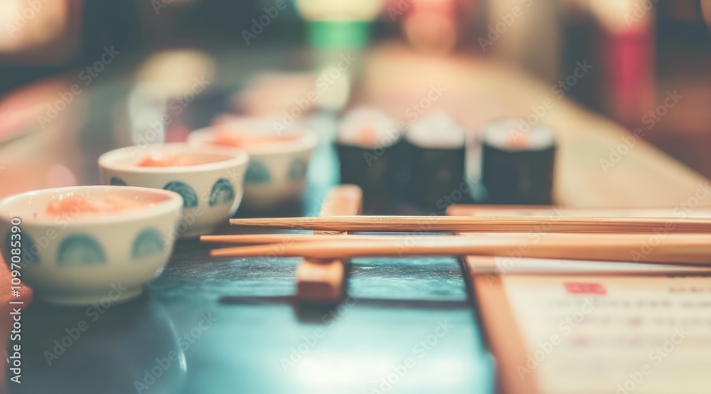 A table set with sushi, dipping sauces, and chopsticks, inviting a culinary experience. A table set with sushi, dipping sauces, and chopsticks, inviting a culinary experience.