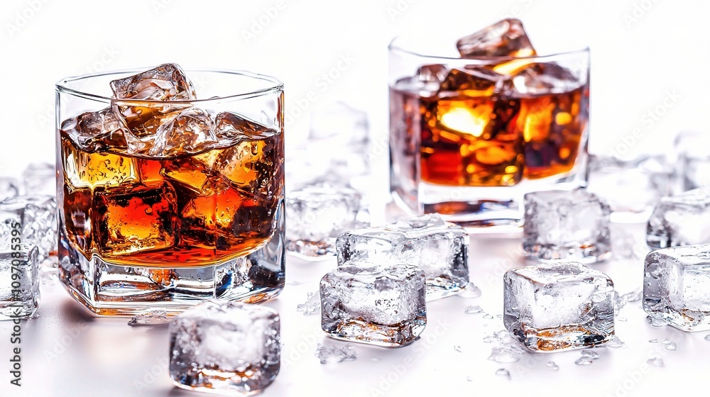 Classic Whiskey Glass with Ice Cubes Isolated on White Background Classic Whiskey Glass with Ice Cubes Isolated on White Background