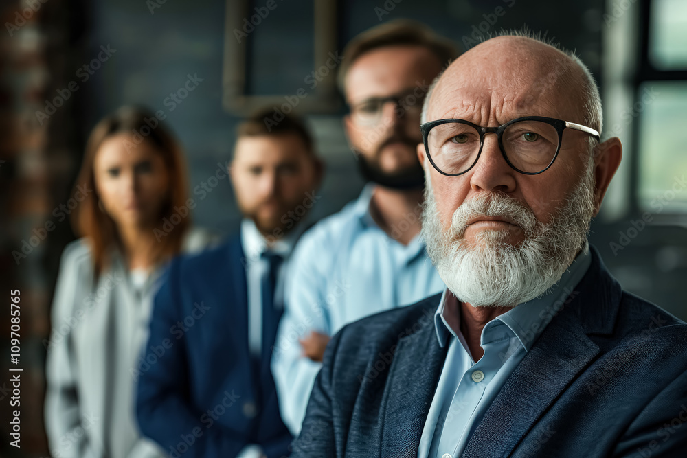 Man in a suit and glasses stands in front of a group of people. He is the only one wearing glasses