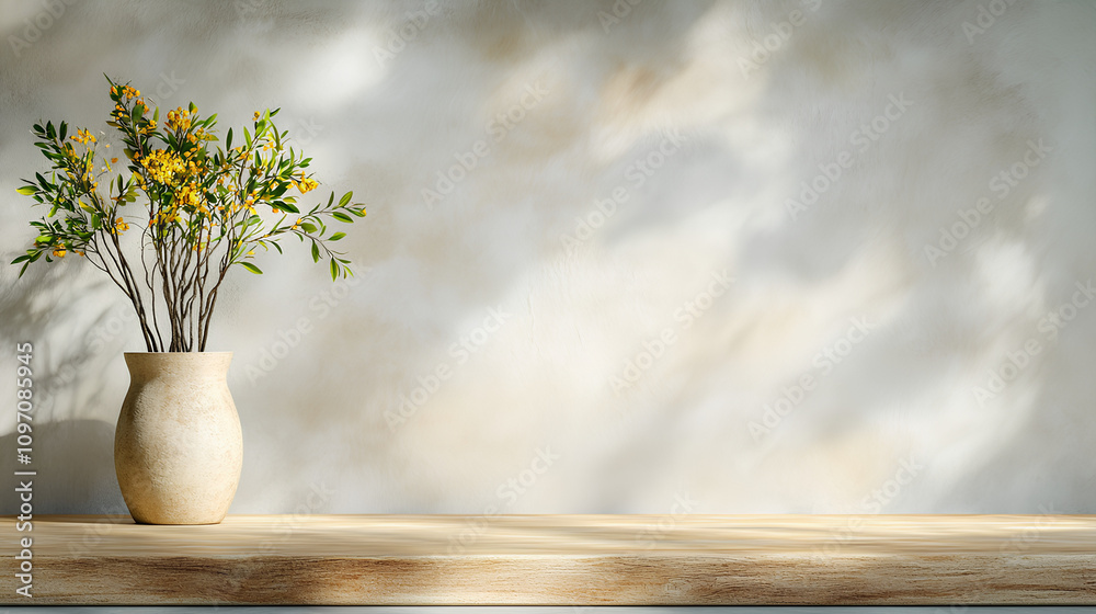 Wooden Table Mockup with Branch Shadows on Stucco Background Wooden Table Mockup with Branch Shadows on Stucco Background