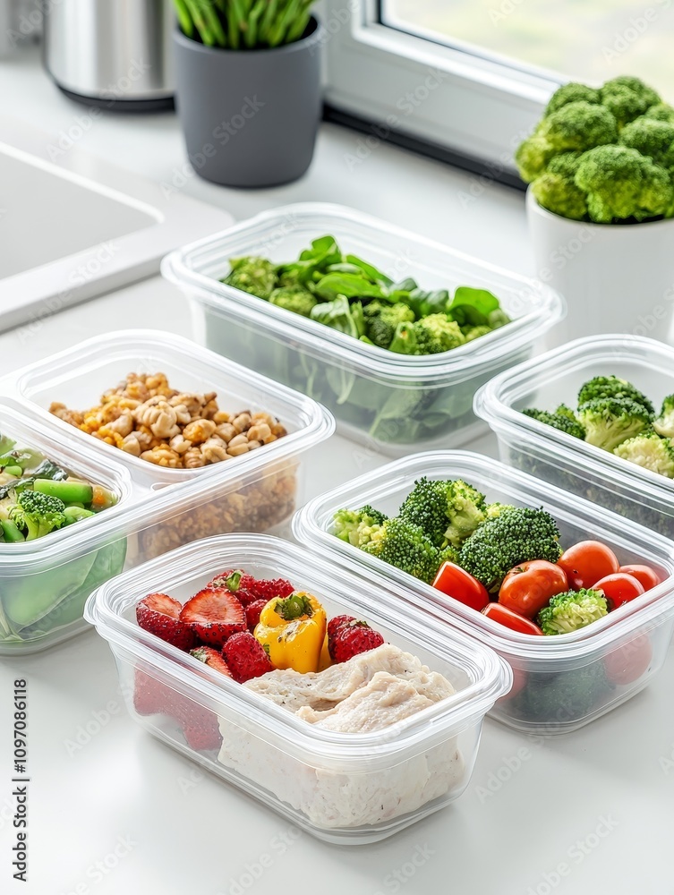 Organized meal prep with a variety of vegetables in plastic boxes, promoting healthy eating and time management. Organized meal prep with a variety of vegetables in plastic boxes, promoting healthy eating and time management.