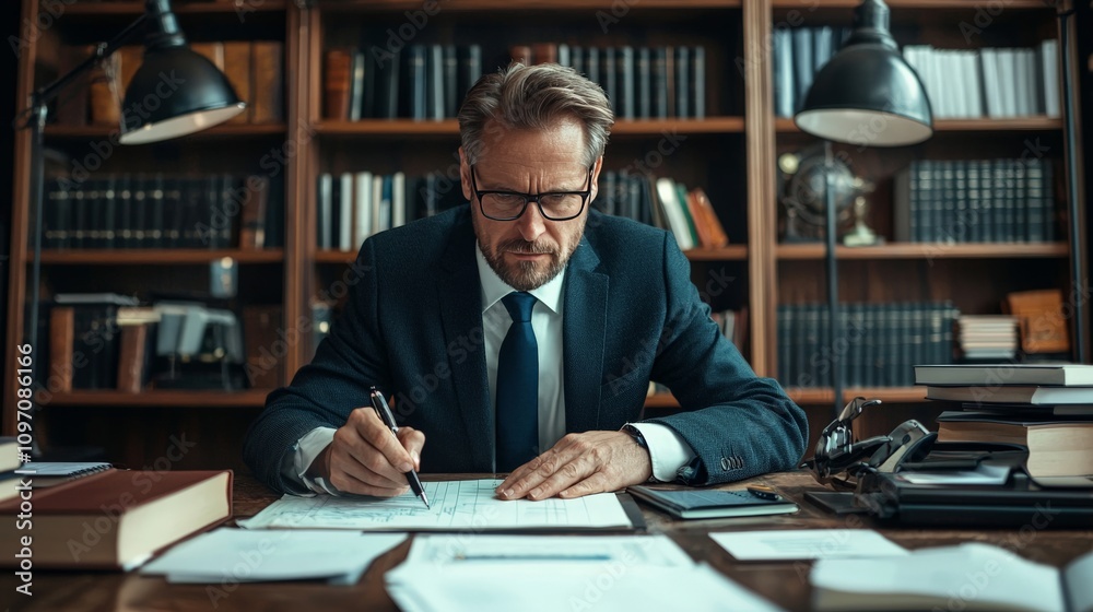 A lawyer preparing case files, focused and organized, sitting at a desk filled with legal books in a stylish office A lawyer preparing case files, focused and organized, sitting at a desk filled with legal books in a stylish office
