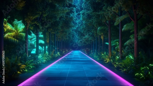 A futuristic forest with glowing trees, bioluminescent plants, and pathways powered by green energy, illuminated by soft, eco-friendly lighting.  photo