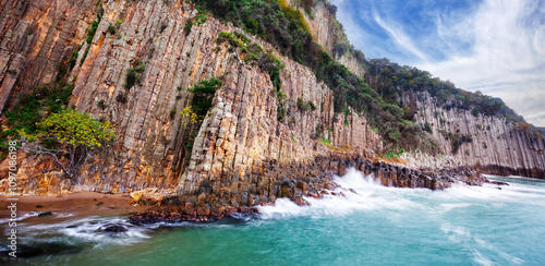 Fototapeta Naklejka Na Ścianę i Meble -  Basalt. Volcanic formation. Lava columns formed by the sea view. Güzelcehisar Lava columns. Bartın Türkiye.