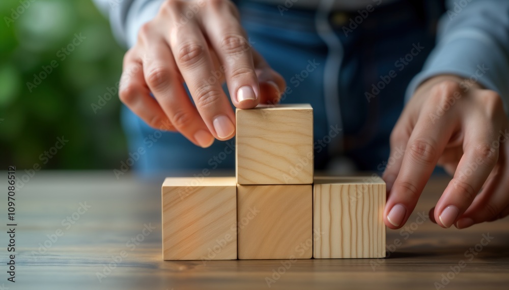 Person arranges wooden blocks building a tower. Hands stack cubes on table. Concept shows growth strategy planning business. Simple structure image for marketing. Useful for startup presentation. Person arranges wooden blocks building a tower. Hands stack cubes on table. Concept shows growth strategy planning business. Simple structure image for marketing. Useful for startup presentation.