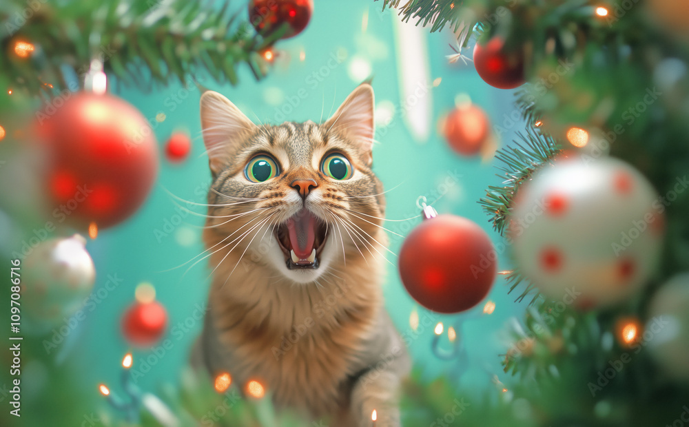 Cat excitedly explores Christmas tree decorations Cat excitedly explores Christmas tree decorations