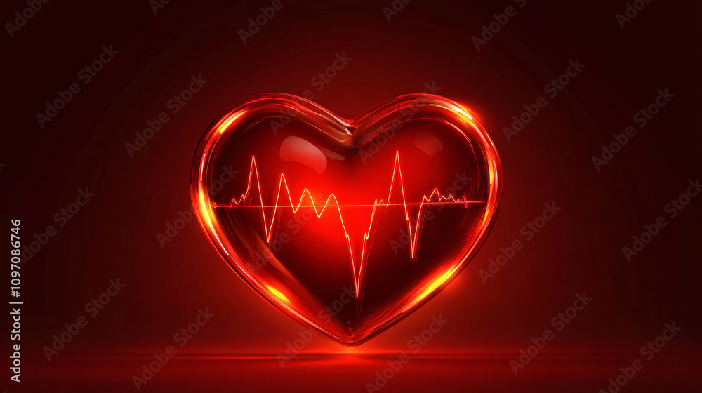 Bright pulse rate line on glassy red heart against dark red background symbolizing health and love Bright pulse rate line on glassy red heart against dark red background symbolizing health and love