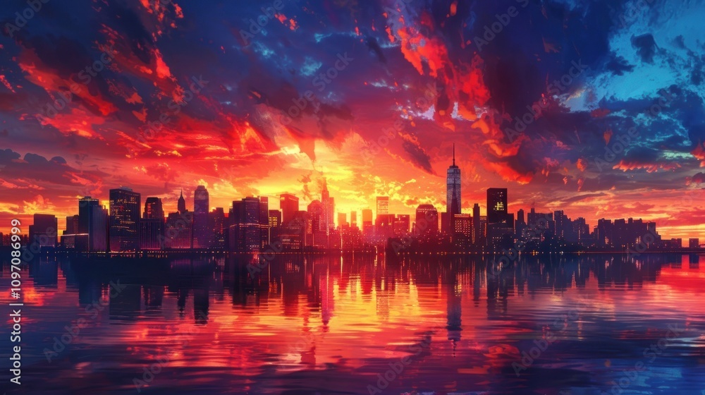 Vibrant sunset over a city skyline reflected in calm water. (1) Vibrant sunset over a city skyline reflected in calm water. (1)